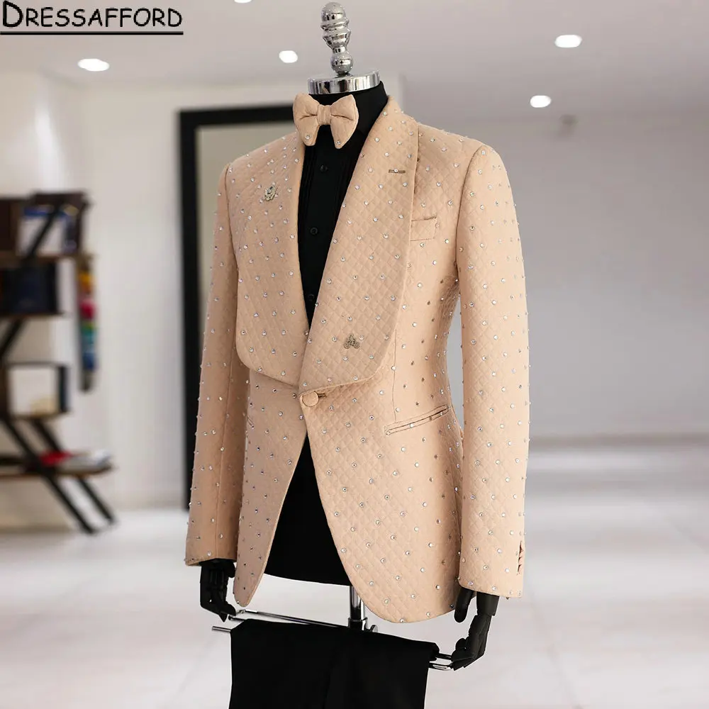 Champagne Lattice uomo abiti cristallo sposo smoking da sposa 2 pezzi set cena Prom blazer Terno Masculino Completo