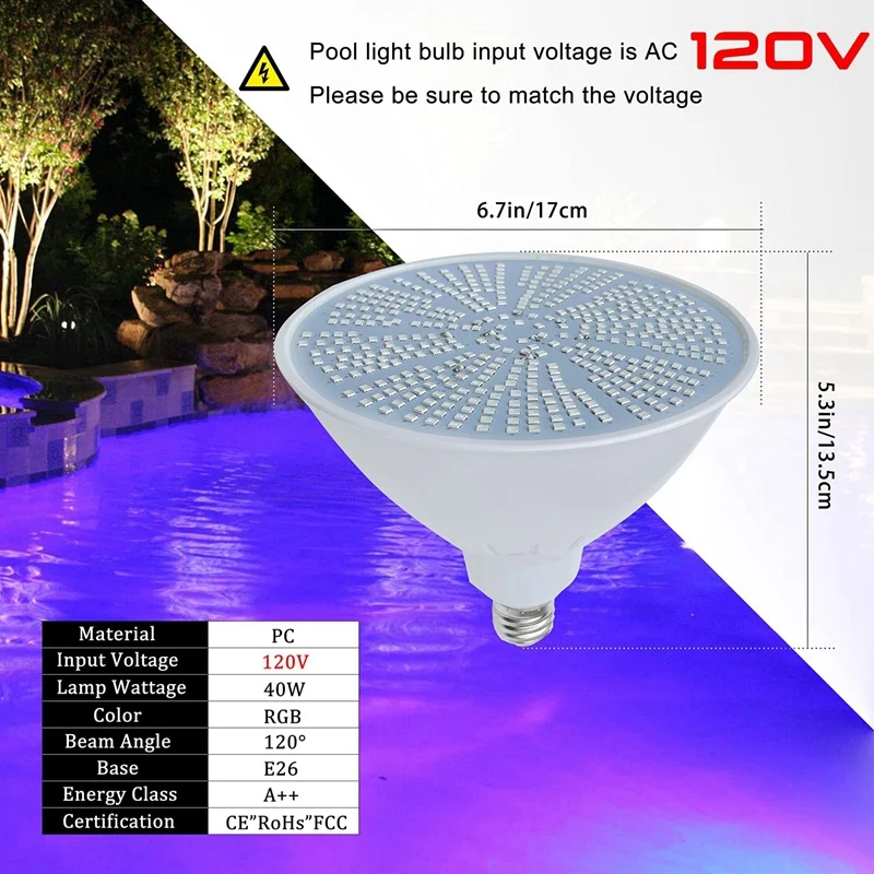 Imagem -03 - Led Piscina Lâmpada 120v 40w Rgb Mudança de Cor para Interior Substituição para Pentair e Haward Dispositivo Elétrico