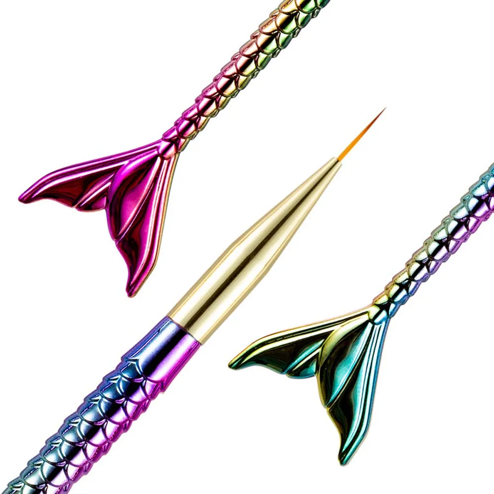 3Pcs/set Mermaid Tail Shape Mermaid Nail Painting Brush Ultra-thin Line Flower Line Grid Mermaid Nail Art Liner Pen
