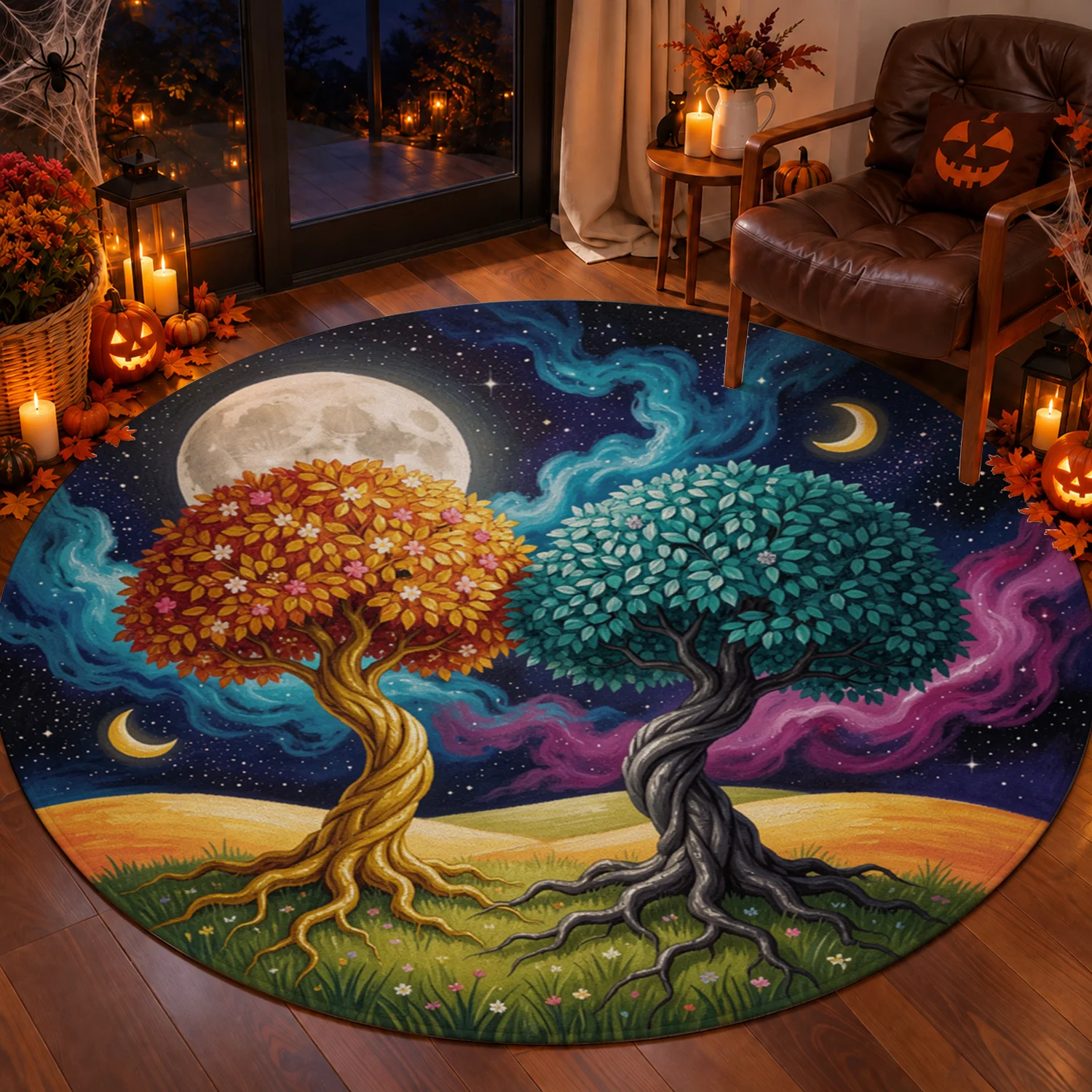 Starry Night Two Trees Round Velvet Soft Durable Area Rug, Machine Washable, Secure Placement, Suitable for Living Room, Bedroom, Dining Room, Ideal for Halloween, Thanksgiving, Christmas, New Year Home Decor