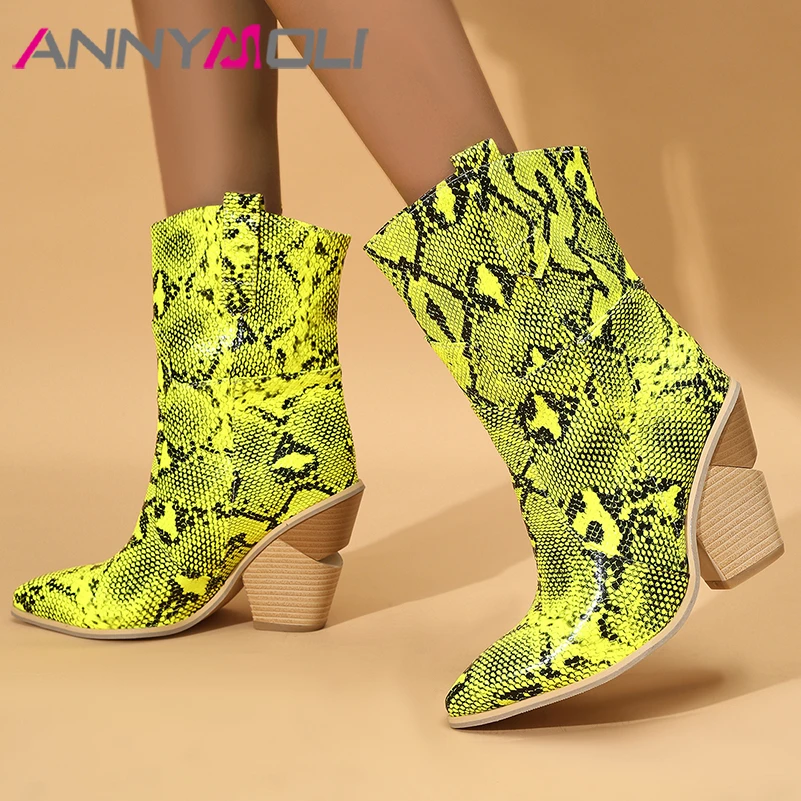 

ANNYMOLI Women Ankle Short Boots Round Toe Chunky High Heels Mixed Colors Western Cowgirl Boots Ladies Fashion Shoes Winter 46