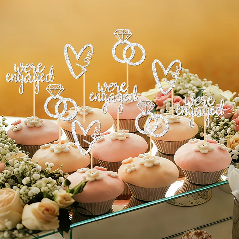 NUBECOM 24 Stück Verlobungs-Cupcake-Topper, Verlobungs-Kuchenaufsätze, glitzerndes Liebesherz mit Liebesringen, Verlobungs-Schrift-Kuchendekorationen – Detail 10