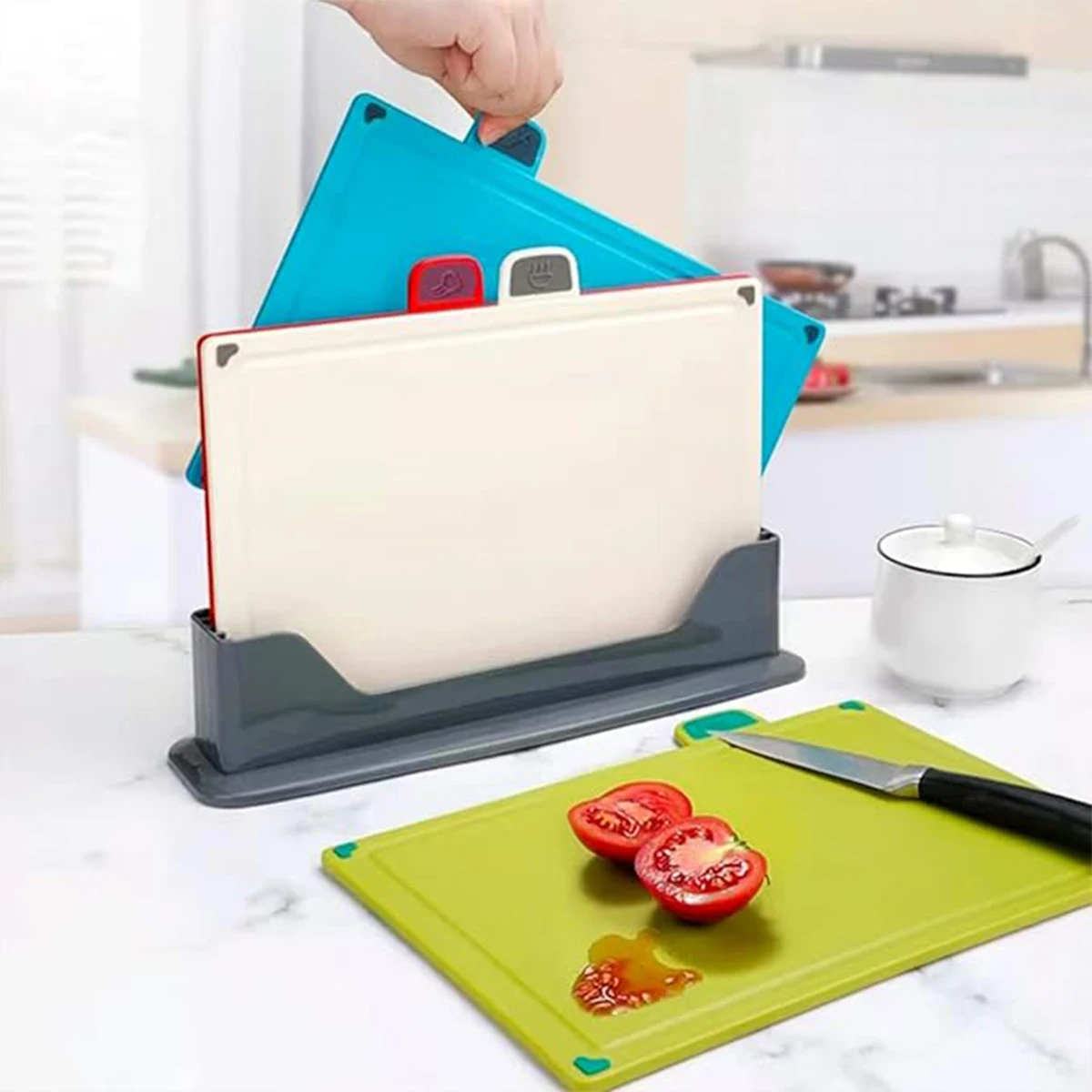 4pcs Plastic Chopping Board with Storage Stand, Reversible Cutting Boards with Food Icons for Preparation of Vegetables, Meats