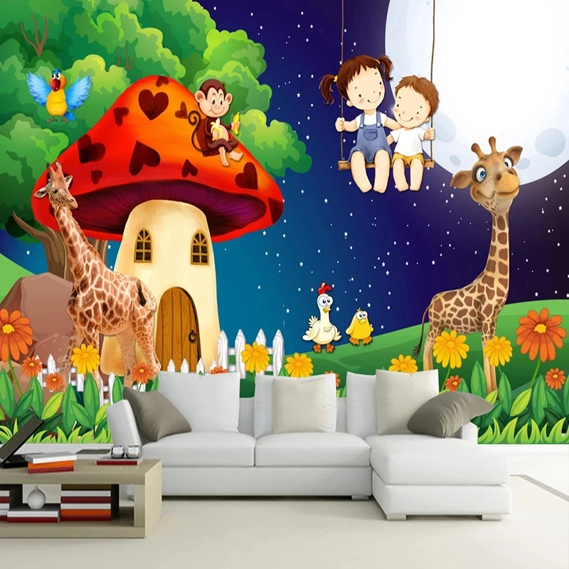 papel-de-parede-personalizado-3d-floresta-verde-desenho-animado-cogumelo-lua-girafa-mural-para-quarto-infantil-quarto-de-crianca-parede-de-animais-sala-de-estar