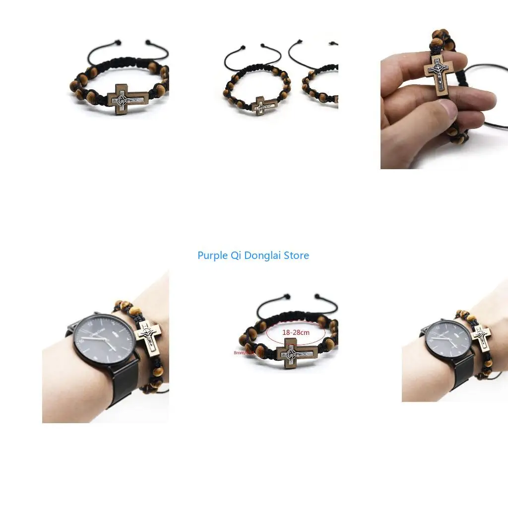 L21E Adjustable Bracelets with a Crucifix Pendant Bead Personality Knitted Jewe