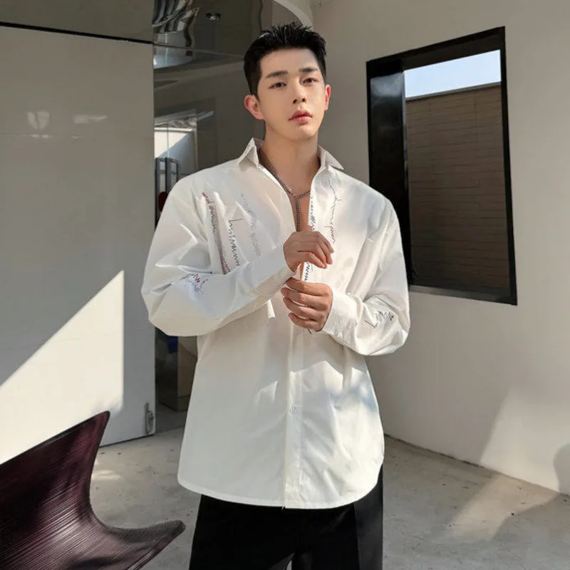 WVGA Spring Autumn New Men's Printed Line Design Trendy Long Sleeved Shirt Stylish Niche Casual Turn-Down Collar Tops Ins W24631