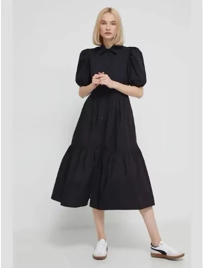 

Foreign trade original order Spain D new women's black dress with loose collar, short sleeved, bubble sleeves, long style