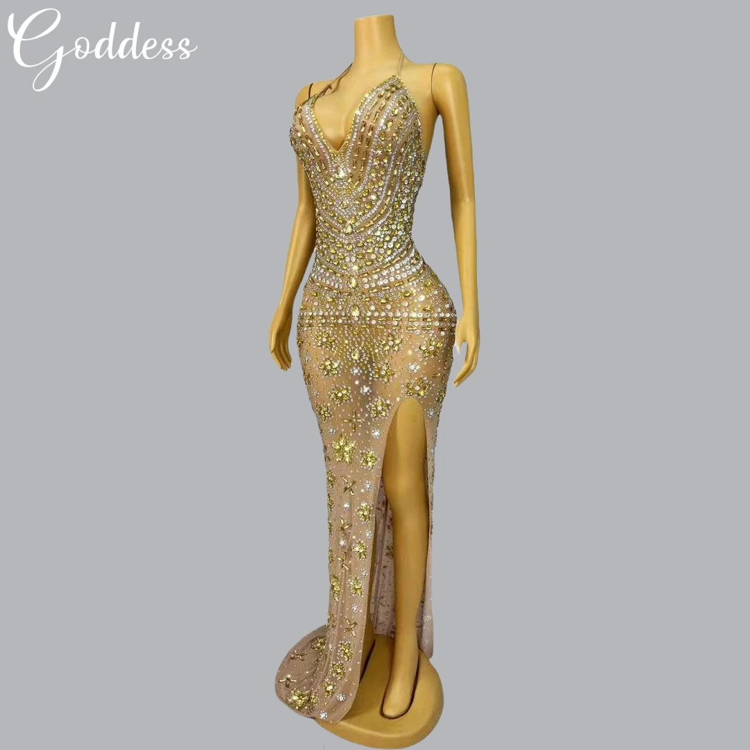 Sexy Perspective Sparkling Rhinestone Nude Mesh Sequin Sleeveless Long Dress Heavy Industry Red Carpet Party Performance Dress