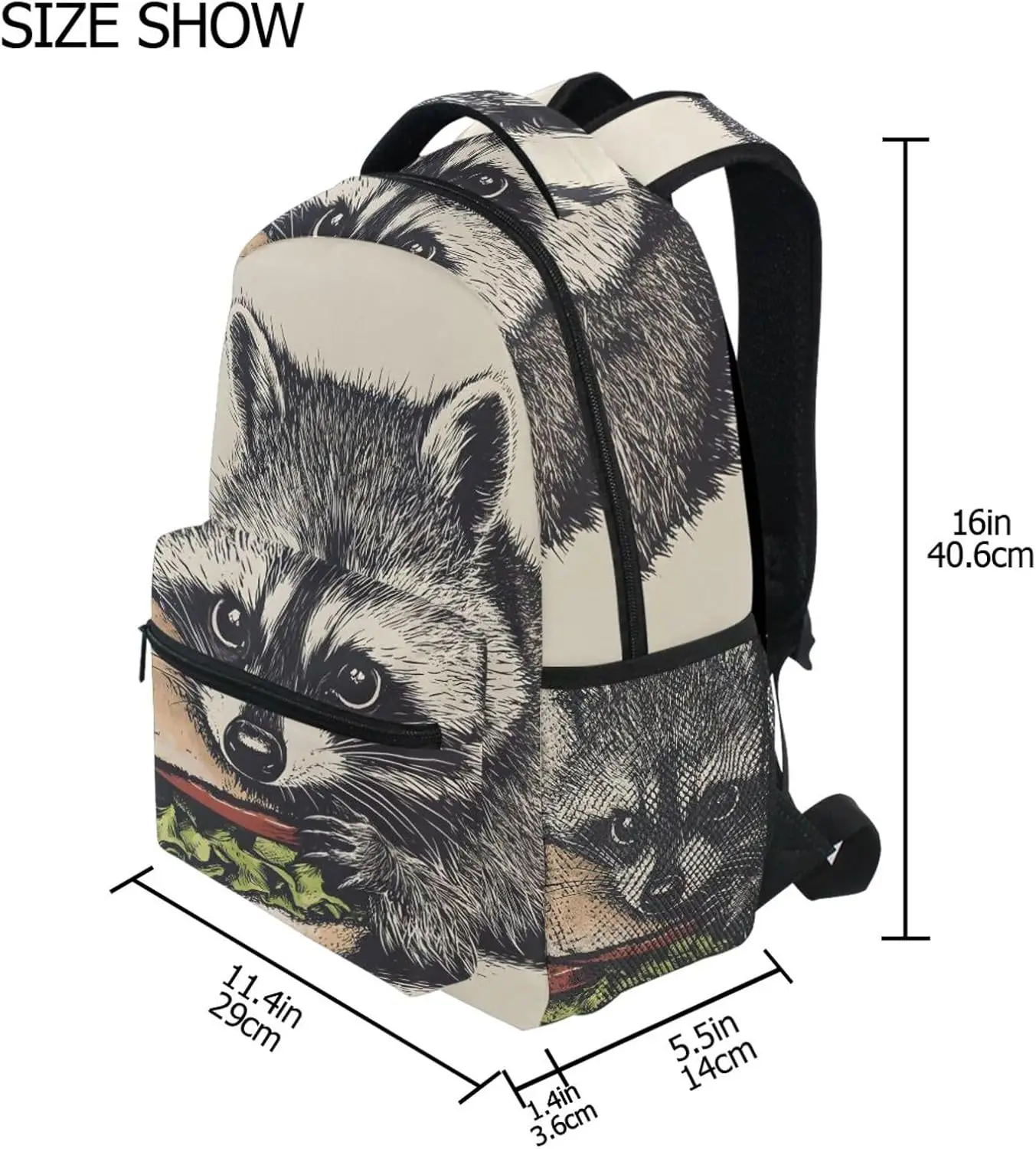 어린이 학교 배낭 소녀 소년을 위한 귀여운 너구리 햄버거 인쇄, 책가방 하이킹 배낭