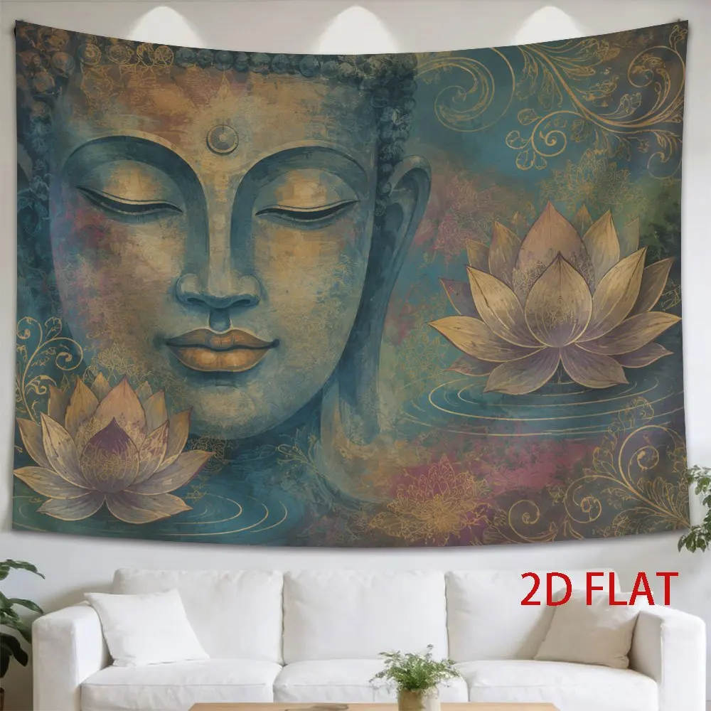 Spiritual Buddha Tapestry Wall Hanging Zen Lotus Flower Boho Meditation Decor Polyester Art