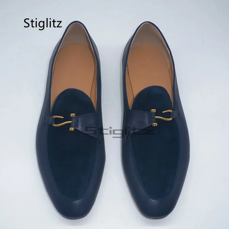 

Dark Blue Suede Genuine Leather Loafers Male Round Toe Flat Casual Shoes for Men Shallow Slip On Daily Driving Men's Shoes