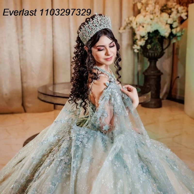 EVLAST Customized Glitter Green Ball Gown Quinceanera Dress 3D Floral Appliques Beaded Cape Sweet 15 Vestido De 15 Anos TQD574