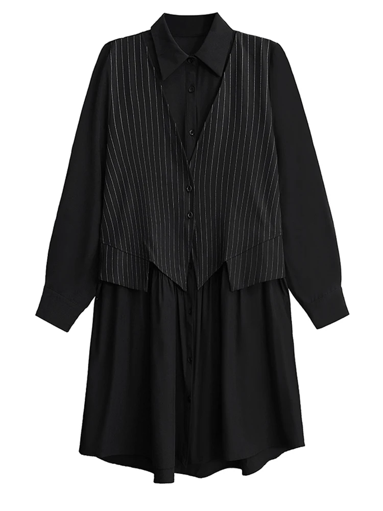 YERMORA femmes noir faux deux pièces rayé chemise robe pour femmes revers à manches longues en vrac mode marée Srping été 2025 A867