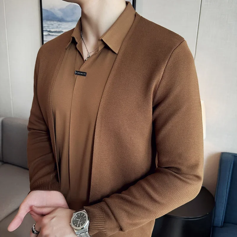 Men Fake Two Pieces Cardigan Sweater 2024 Autumn New Shirt Collar No Trace Casual Sweaters Slim Fit Pull Homme 4XL Mens Clothing