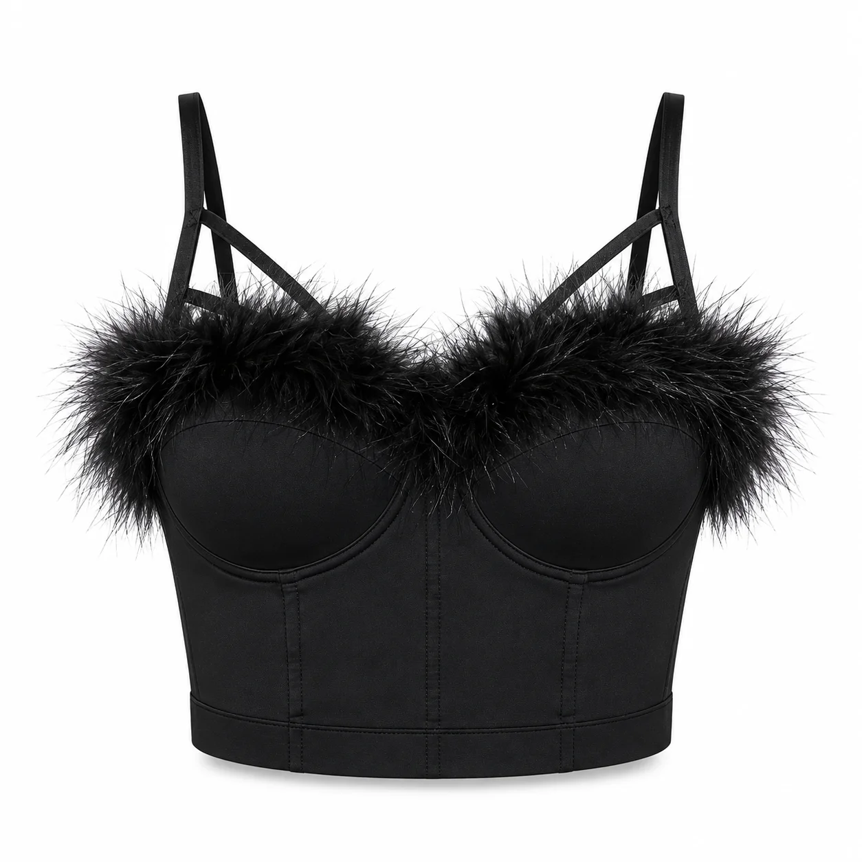Women's Black Feather Trim Corset Top Spaghetti Strap Bustier Crop Cami Sexy Going Out Party Clubwear