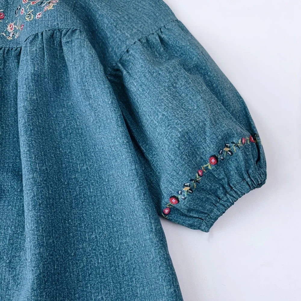 3-7 Years Old Solid Color Kids Dresses for Girls Autumn Blue Imitation Denim Flower Print Dresses Casual Children\'s Clothing