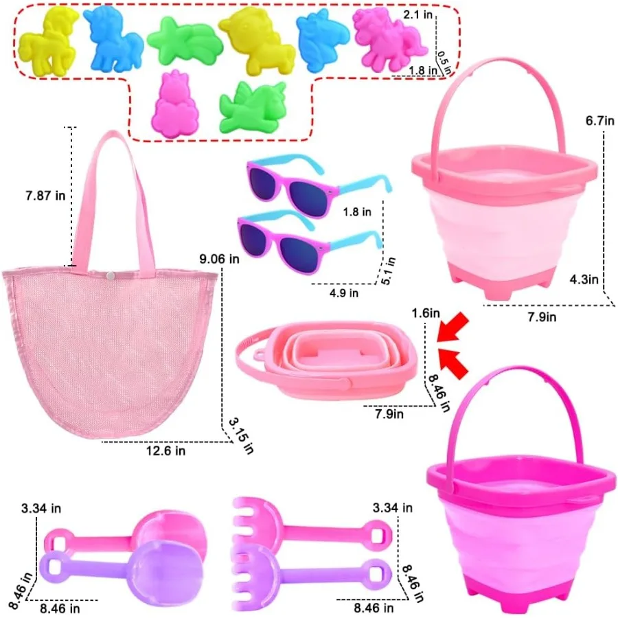 Moldes de arena para playa, juguetes para niñas de 24 años, cubo de arena plegable, juguetes, palas rosas, gafas de sol y malla para 35 años O