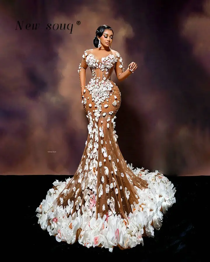 Stunning African Brown Long Sleeves Mermaid Evening Dresses with 3D Floral Flowers Crystals Sexy Illusion Pageant Events Gowns