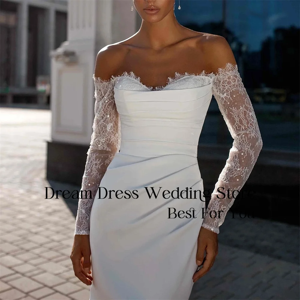 DREAM Lace Long Sleeve Sweetheart Mermaid Wedding Dress Pleat Open Back Off The Shoulder Bridal Gown Vestido De Novia Customized image 3