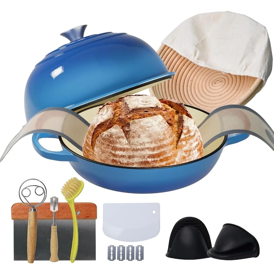 

Cast Iron Bread Oven for Baking 6QT MultiFunctional Dutch Oven Pot with Lid Includes Proofing Basket Silicone Sling Dough Whisk
