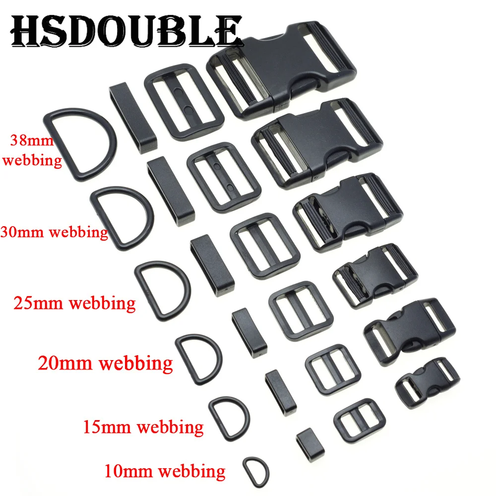 1 Set 10mm 15mm 20mm 25mm 30mm 38mm Plastic Slider Adjustable D Rings Belt Loop Curved Side Release Buckles For Paracord