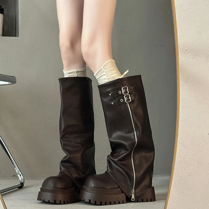 

Designer Women Knee High Boots Female Platform Thick Bottom Trouser Legs Long Booties Autumn Winter Shoes