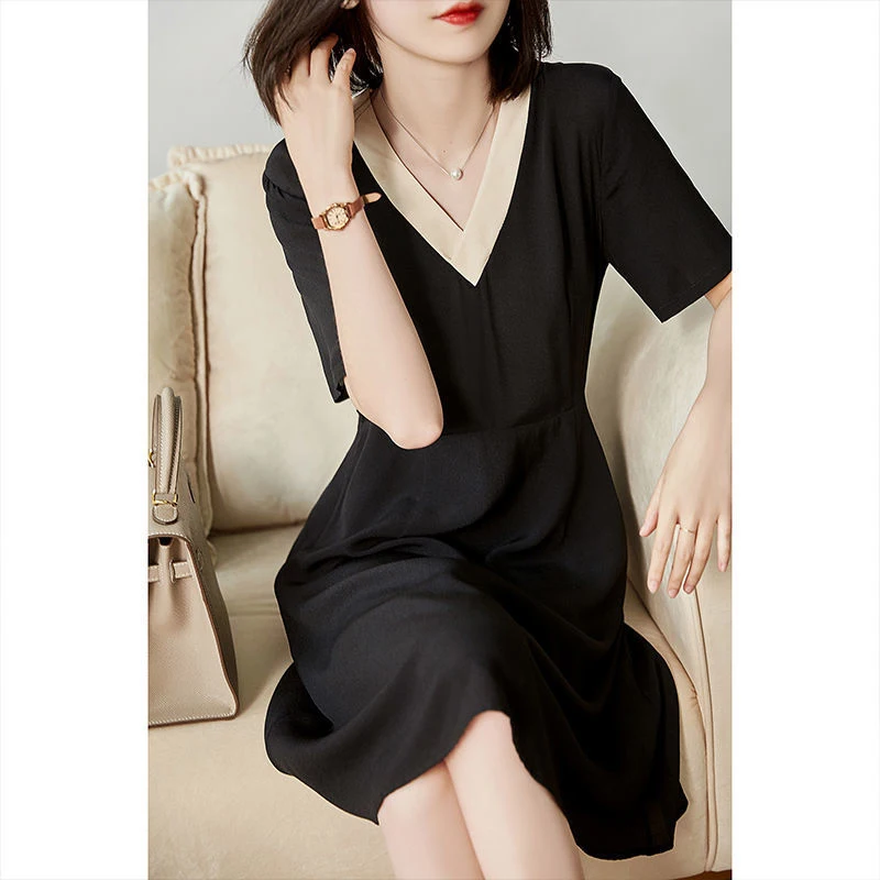 Summer V-neck Elegant Fashion Patchwork Knee Length Waist Dress Ladies Short Sleeve Temperament A-line Robe Women Casual Vestido