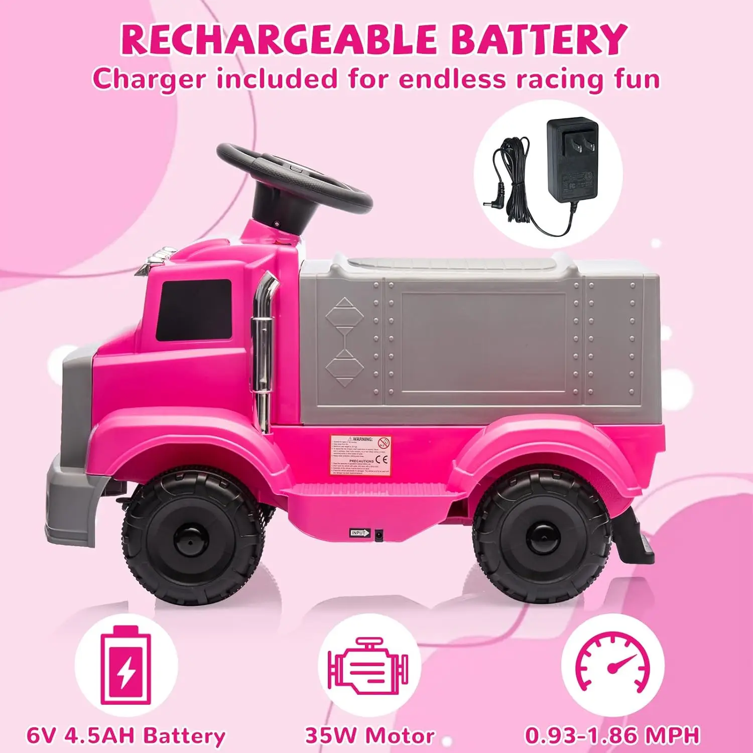 Ride on Truck pour enfants Voiture électrique avec rangement spacieux Lumières LED de musique Batterie rechargeable et bouton de démarrage facile Jouet pour tout-petits