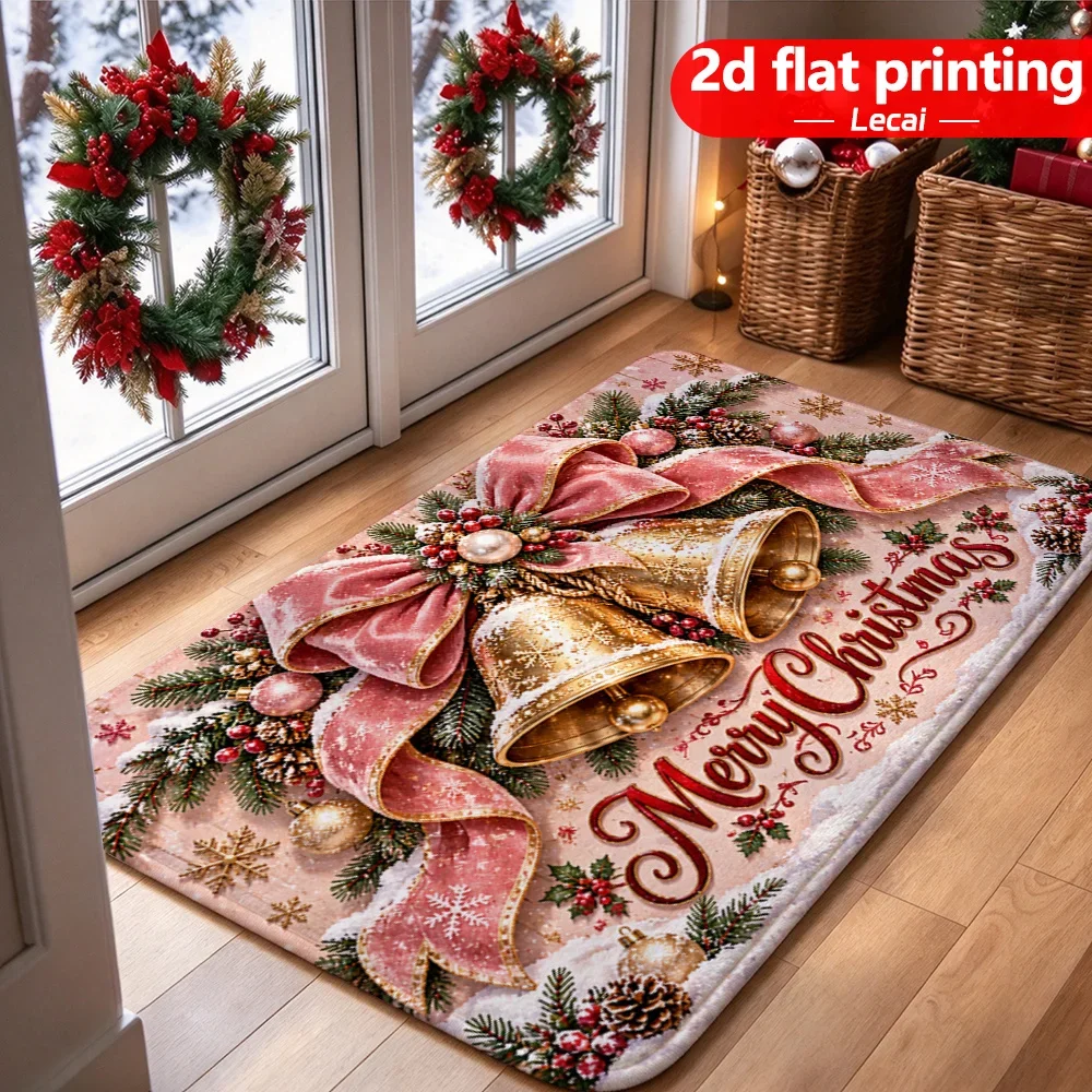 Elegant Pink Christmas Welcome Rug Gold Bell Big Bowknot Doormat Winter Snowy Forest Floor Mat Anti-slip Area Rug Decor
