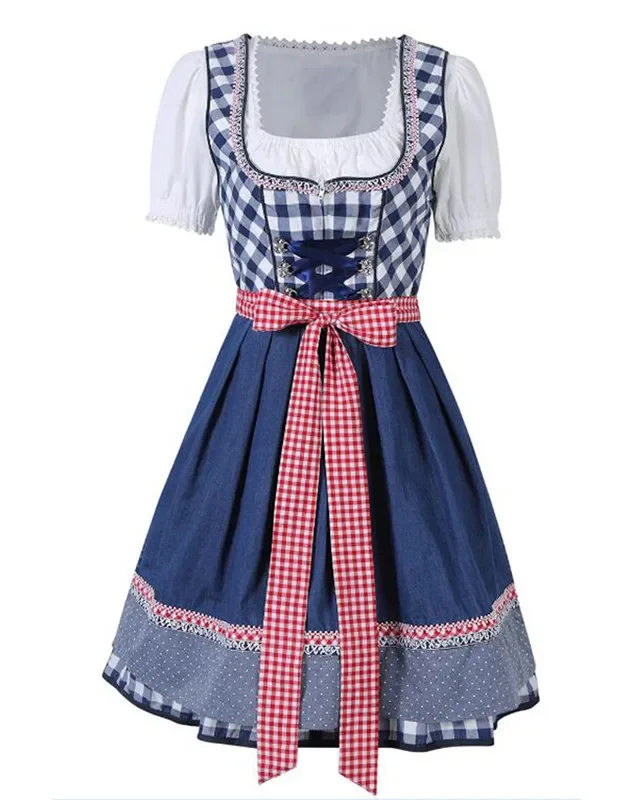 التقليدية الألمانية مهرجان أكتوبر Dirndl فستان المرأة البافارية البيرة خادمة المئزر بغي زي تأثيري فستان بتصميم حالم