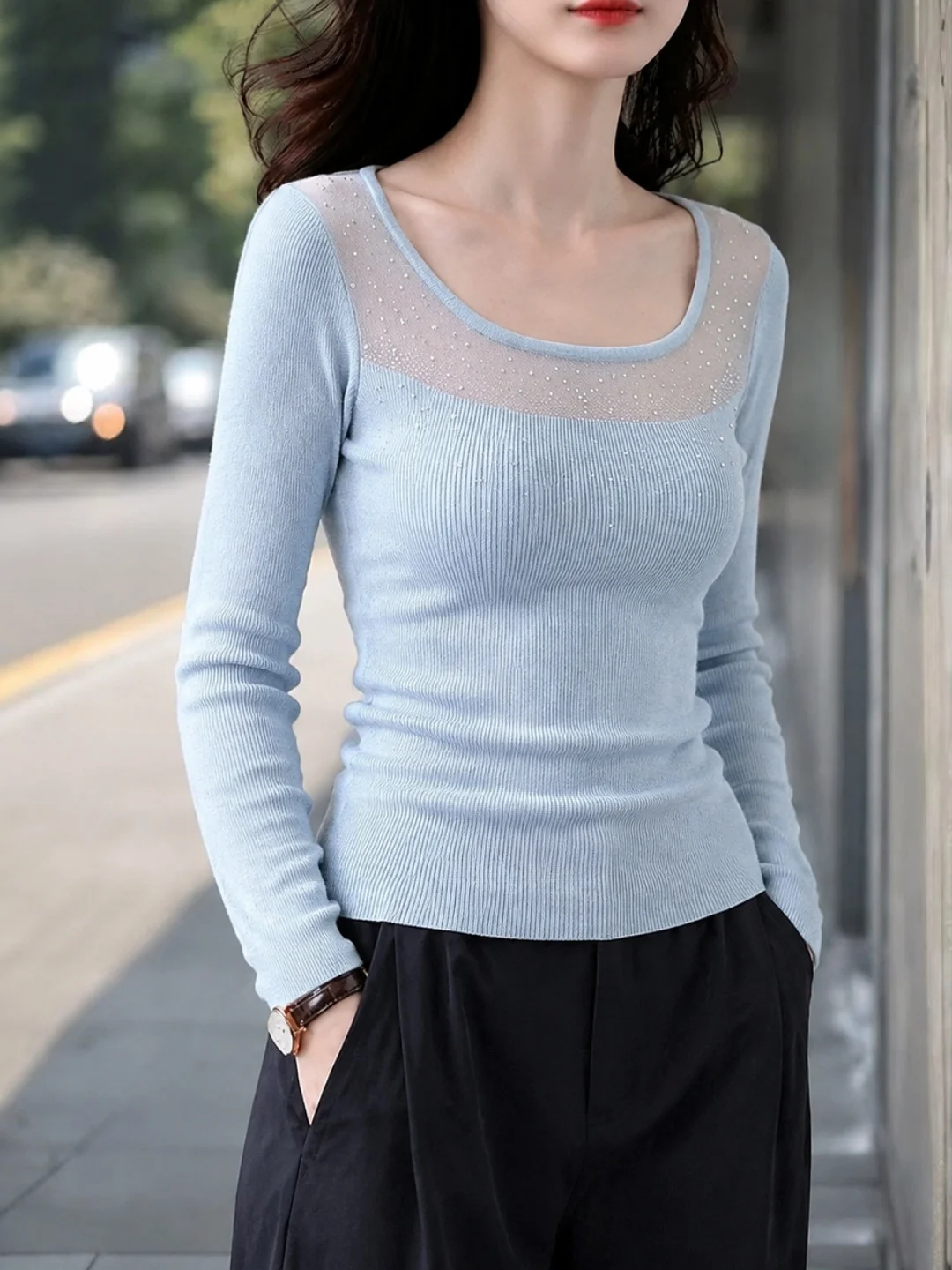 Trendy Long Sleeve Knitted Sweater Mesh Splice Design Slim Fit Overhead Women's Top Korean Style Commute Silk Material