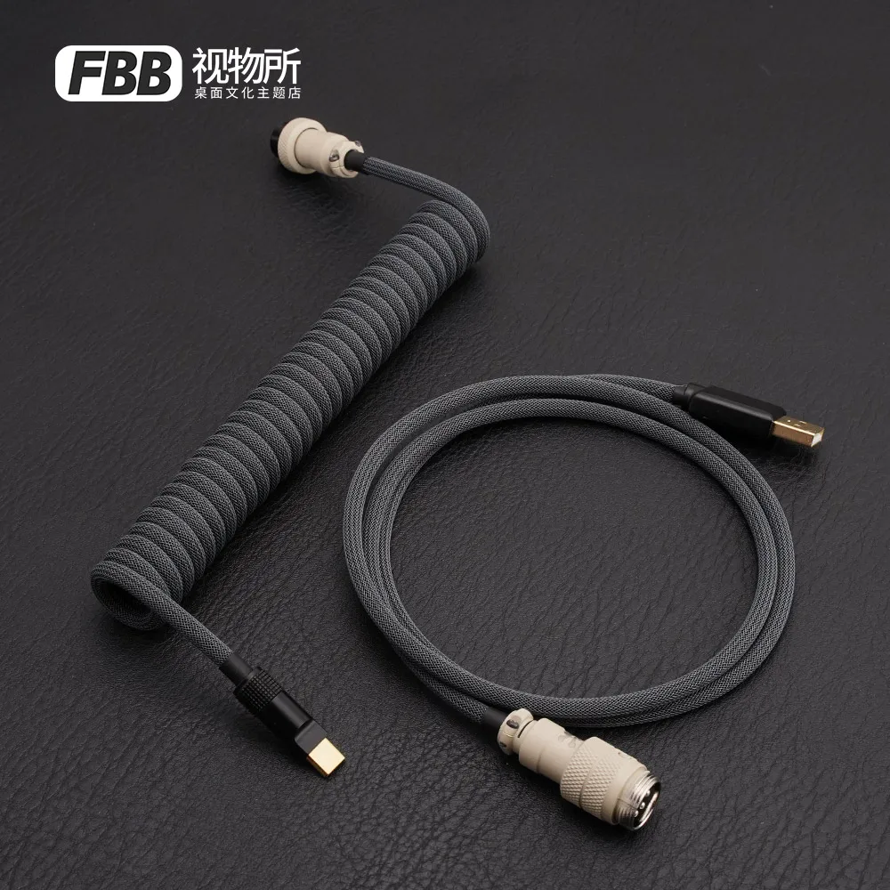 FBB GMK Boneyard Custom coiled Aviator usb cable for Mechanical Keyboard With GX16 USB to Type C Paracord and PET Double Sleeved