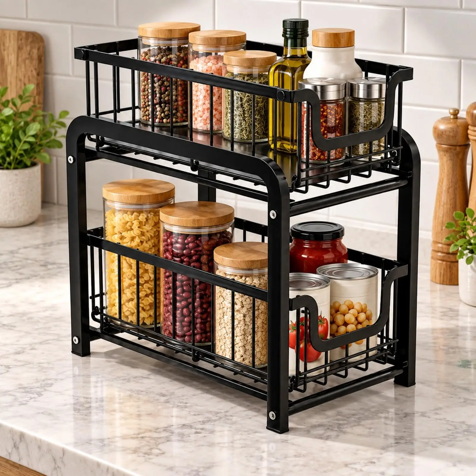 Powder Coated Iron Storage Rack with Pull Out Baskets for Toiletries and Cleaning Supplies