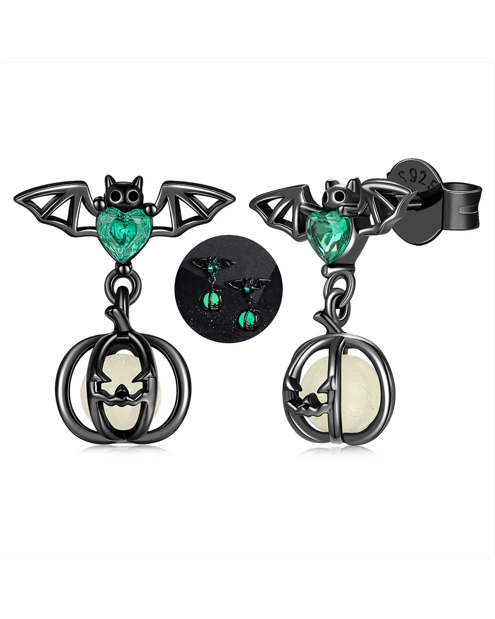 

925 Sterling Silver Black Vampire Bat Green Zircon Glowing in the Dark Gothic Earrings Jewelry Halloween Gifts For Women Friend