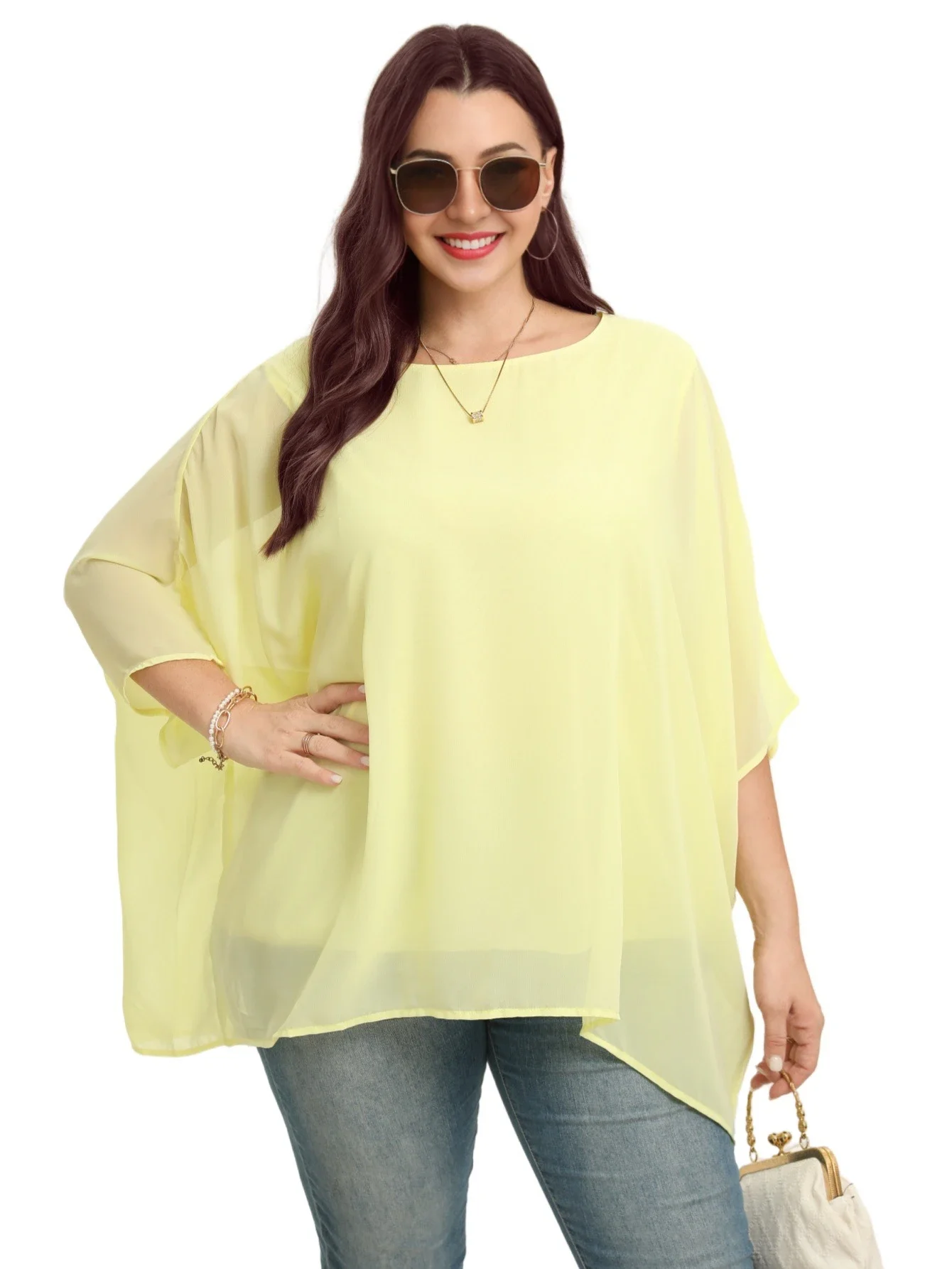 Womens Plus Size Elegant Summer Blouse Batwing Sleeve Oversized Chiffon Blouse Scoop Neck Large Size Casual Tunic Top Shirt 2XL