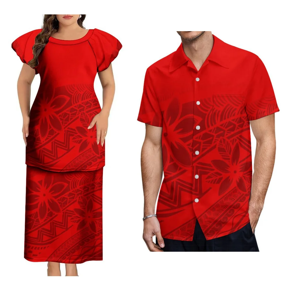 Puletasi feminino topo e vestido longo de duas peças vestido de noite polinésia samoa praia festa casal conjunto masculino camisa aloha