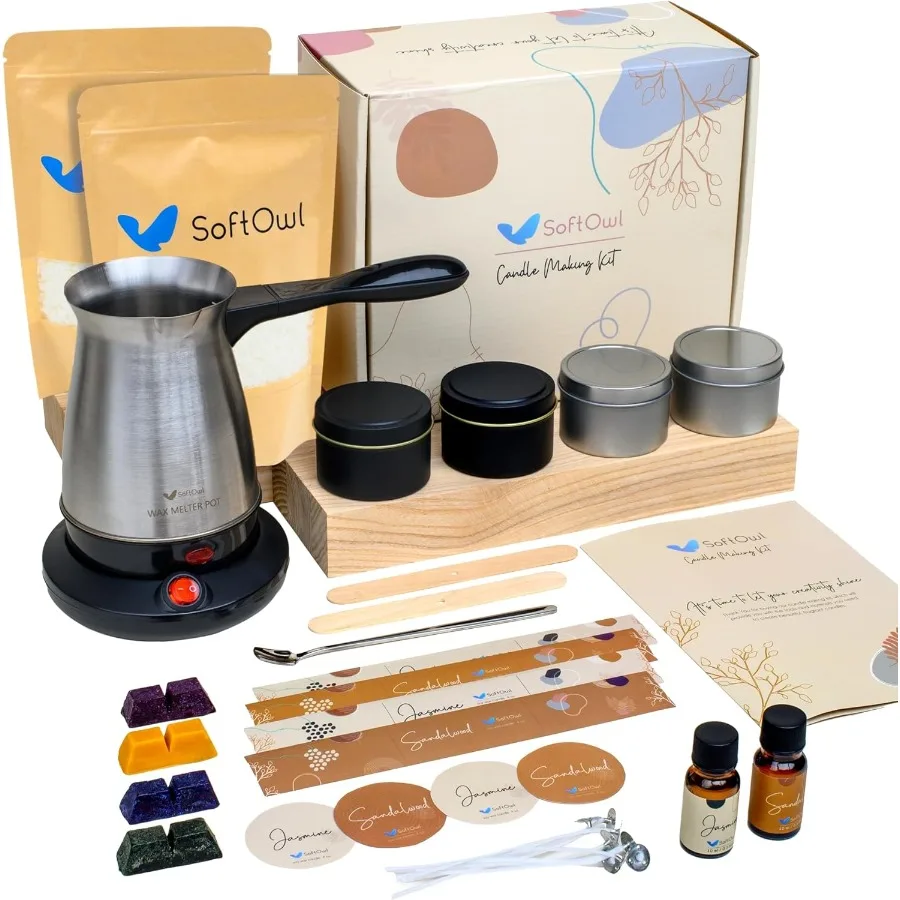 

Набор для изготовления соевых свечей премиум-класса с электрическим расплавивателем Соевый воск Большой 4 банки 2 приятных ароматов Цветные краски Идеально подходят для домашнего поения
