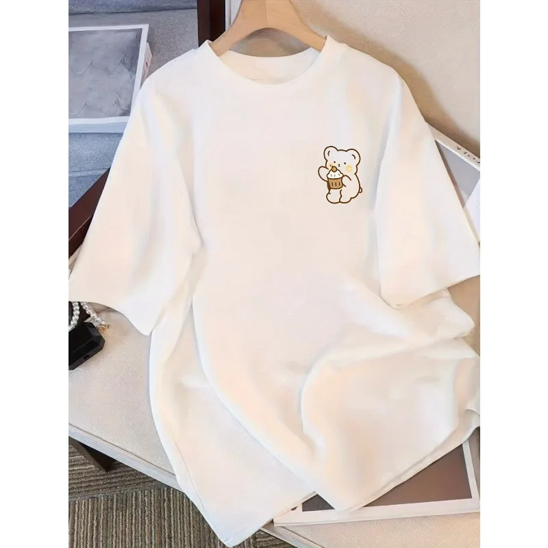 Women's Cotton Short-Sleeve T-Shirt with Cute Bear Print Loose-Fit Crew Neck Casual Top Simple Short-Sleeve for All Seasons