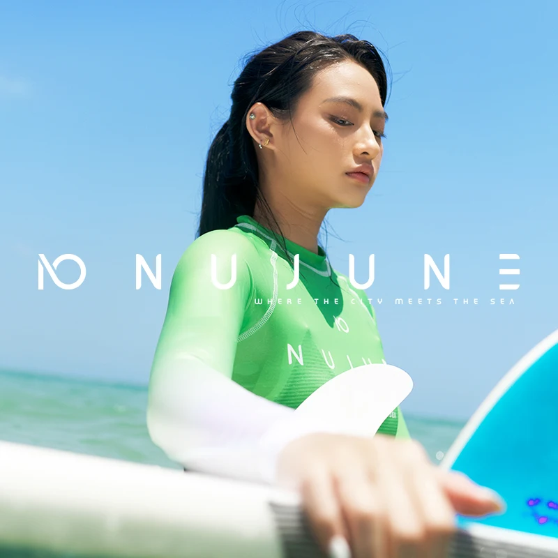 Nu-June-Surfing Rashguard dla kobiet, stroje kąpielowe z długim rękawem, ochrona Surf Rash Guards, 2-częściowa odzież surfingowa, top kąpielowy