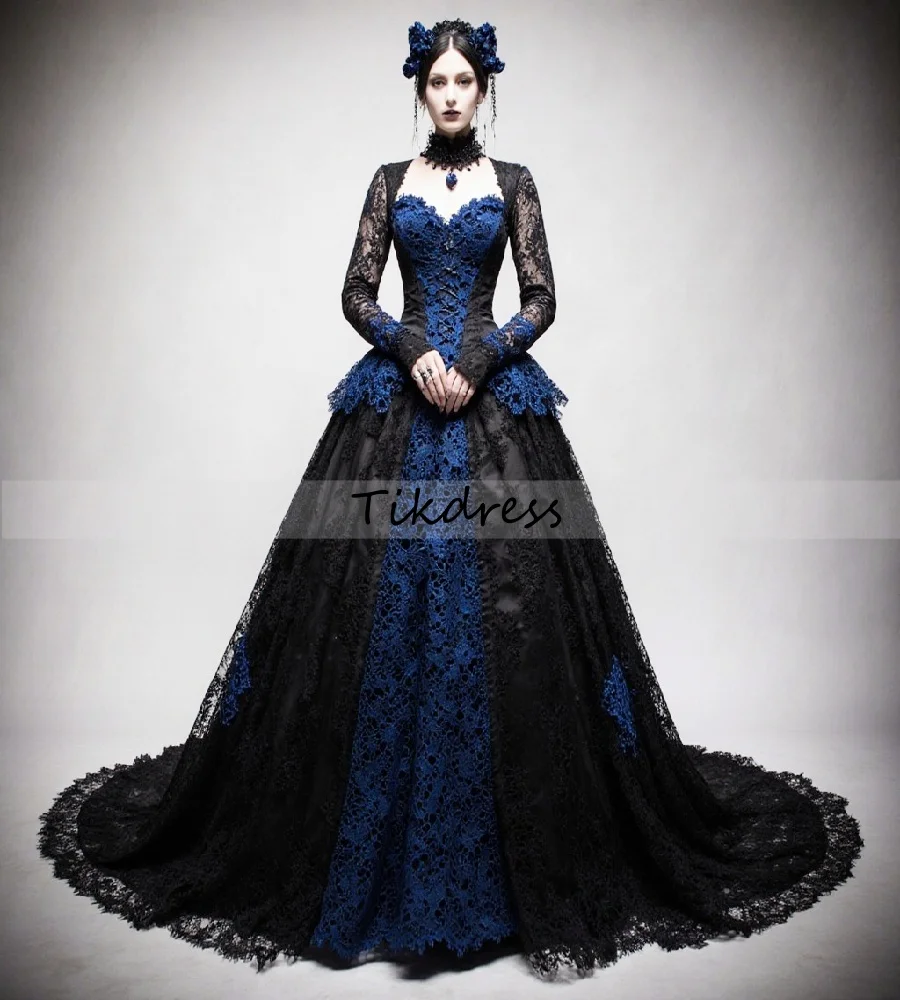 

Gorgeous Black And Blue Lace Gothic Wedding Dress Long Sleeve Vamipre Witchy Bridal Dress 2025 Medieval Bride Dress Customized