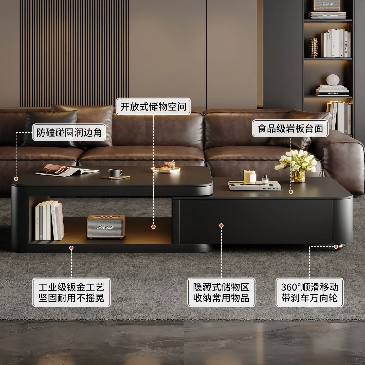 Rock slab coffee table living room household retractable small apartment modern light luxury high-end square table