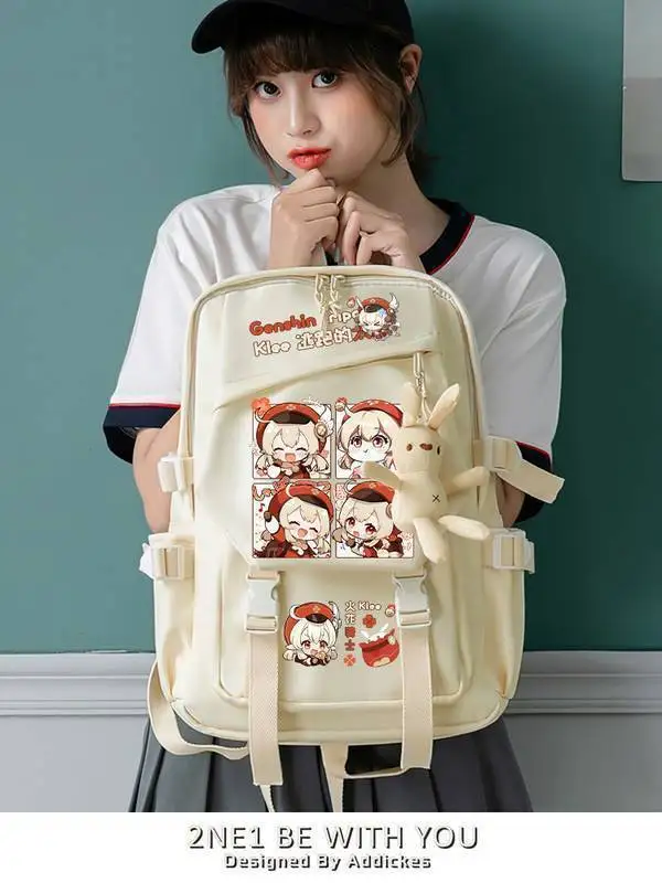 Genshin Impact Fanart Klee Zhongli Scaramouche Alhaithen Elementary Double Shoulder Bag Backpack For Female Middle School A