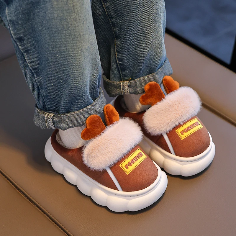 2024 New Winter Warm Cute Cartoon Indoor Mule Soft Non-slip Fluffy Slippers For Kids Teen Boys Girls Children Home Cotton Shoes