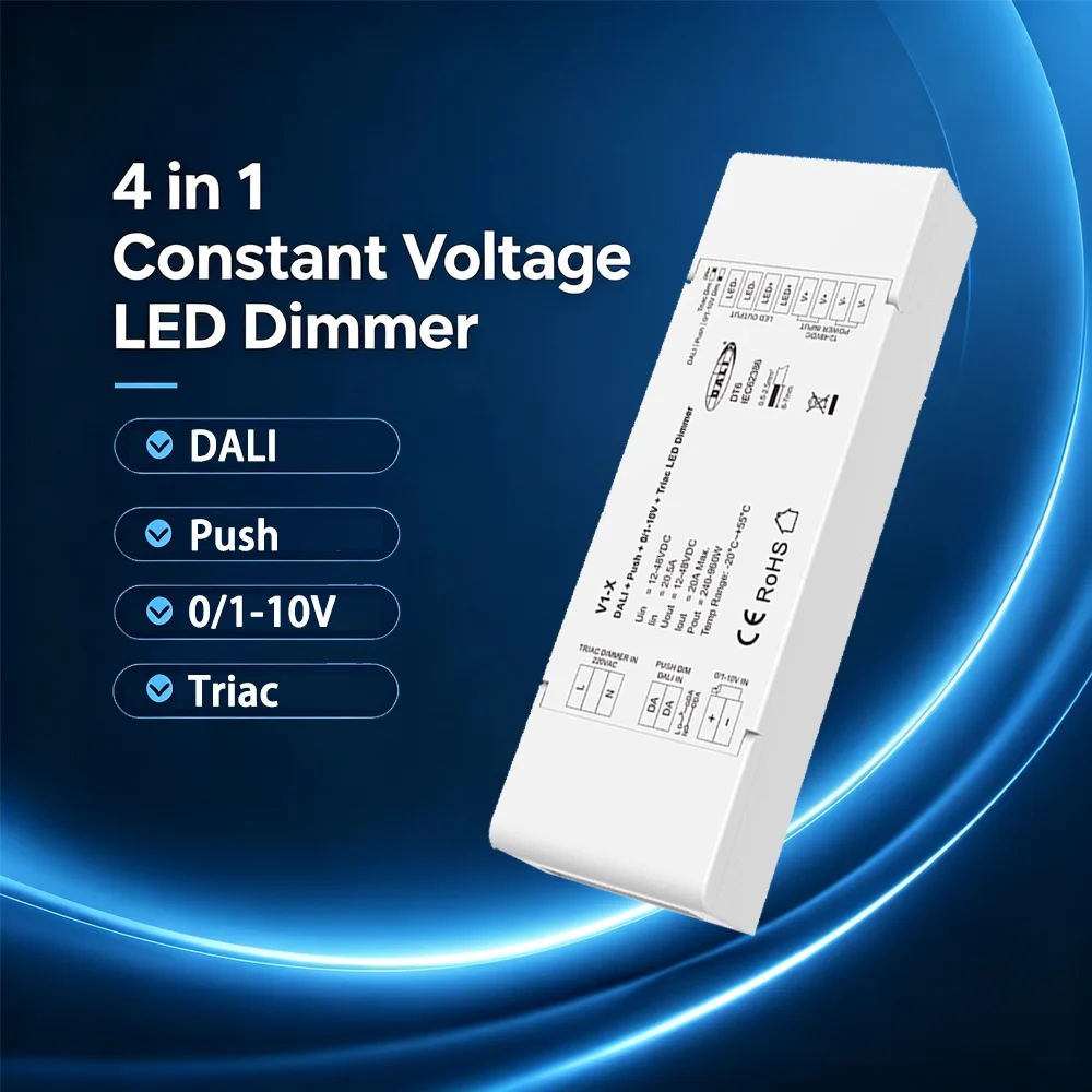 DC 12V-48V DALI Push 0/1-10V Triac LED Dimmer V1-X 1CH 20A DT6 Multifunction 4in 1 Dimming for 5050 COB Single Color Strip Light