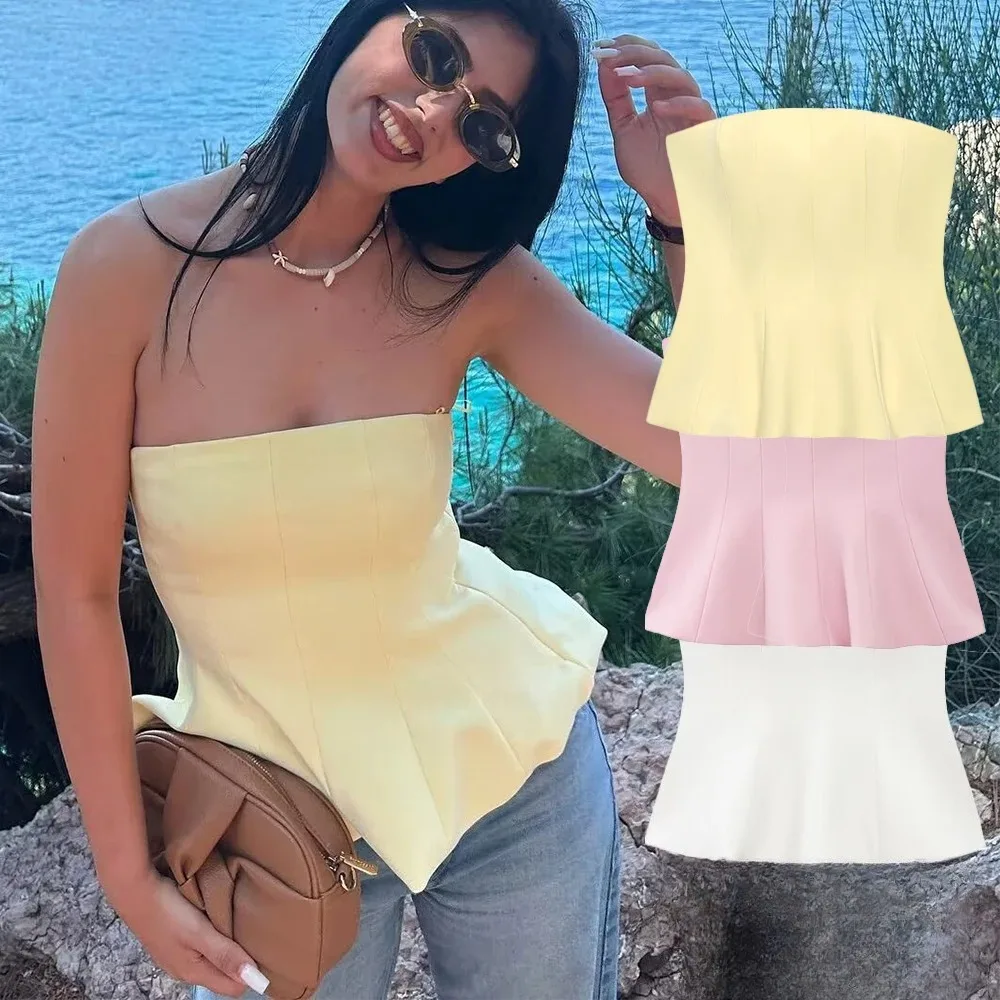 KONDALA Sexy Butter Yellow Cami Ruffles Tube Top Women Fashion 2025 Summer Strapless Y2K Girl Streetwear Tops Holiday Party Tops