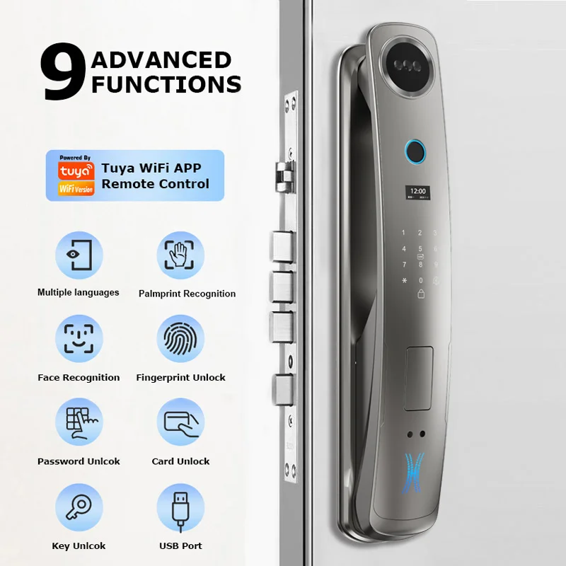Glomarket Fully Automatic Wifi Tuya App Face Recognition Biometric Fingerprint Smart Door Lock With Camera Digital Locks
