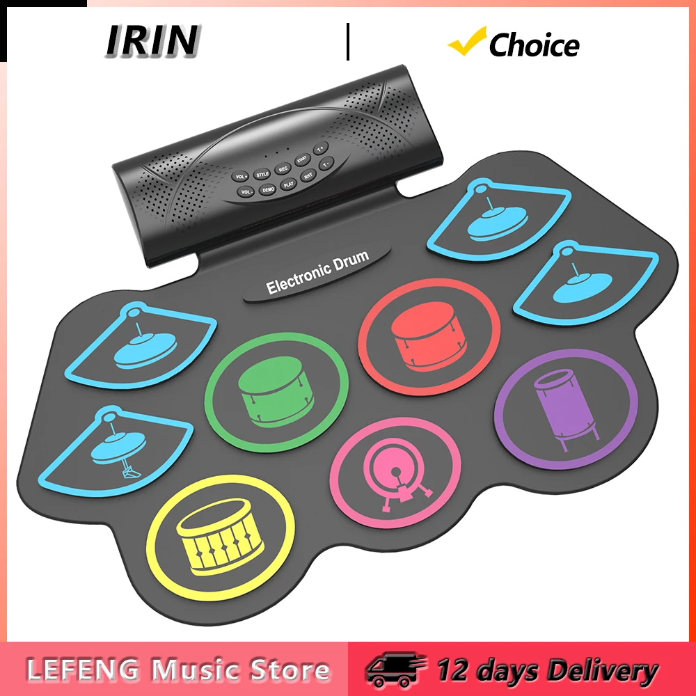 IRIN Electronic Drum Set Portable Hand Roll Drum Percussion Instrument Bluetooth MIDI Drum Pad with Dual Pedals Drumsticks