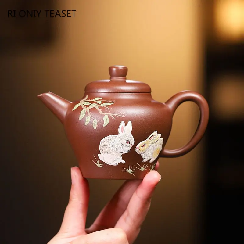 180ml Yixing Famous Purple Clay Teapots Handmade Jade Rabbit Pattern Tea Pot Raw Ore Purple Zhu Mud Kettle Chinese Zisha Tea Set