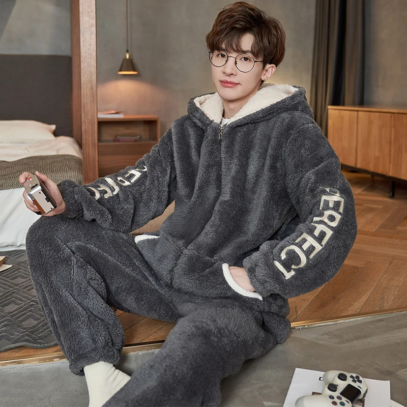 DAIMELU مقنعين منامة الرجال الشتاء ملابس خاصة مجموعة الدافئة المرجان الصوف طويلة الأكمام أفخم سميكة أفخم ملابس نوم طالب البدلة