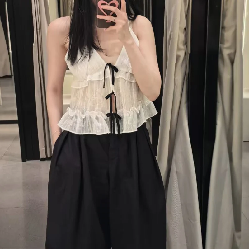 Women's Tops Summer New Chic Slim V-neck Layered Sling Tops Women's Street Fashion Youth Joker Summer Travel Tops